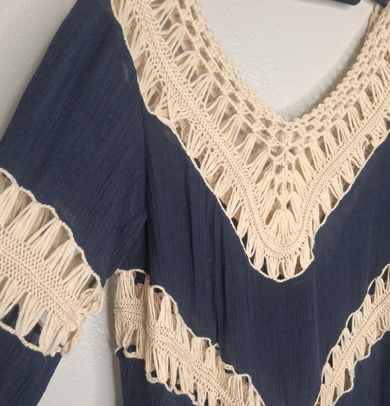 Umgee Navy Cream Crochet Gypsy Boho Coachella Chic Tunic Blouse Long Sleeve M - Picture 6 of 16